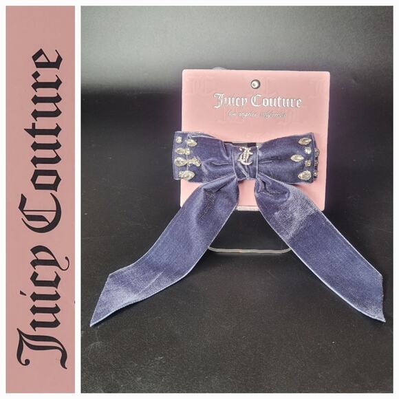 Juicy Couture Navy Blue Velour JC Diamond Encrusted Bow Barrette 4th Of July NWT - Picture 1 of 7